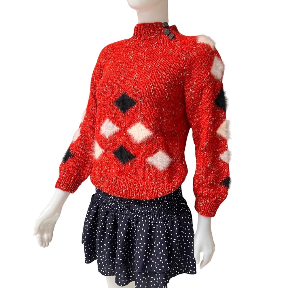 Handknitted Red Chunky Argyle Sweater Mock Neck Grannycore Cabin Preppy Small